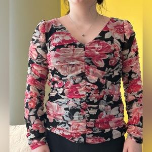 White House Black Market Ruched Mesh Surplice Vneck Top